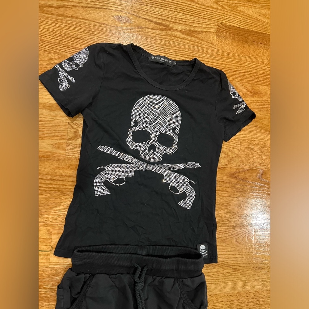 Mastermind Crystal embellished skeleton Black T shirt